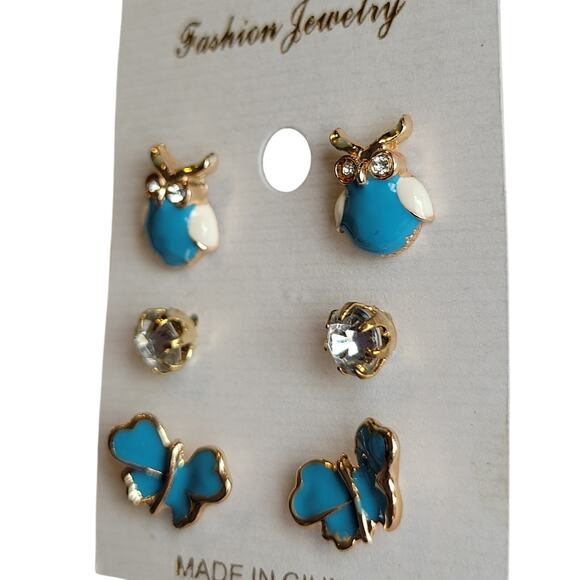Blue Owl Stud Earrings Set w/ Crystal Studs & Butterfly Pair 3 Pair, Gift Bag - Picture 3 of 6
